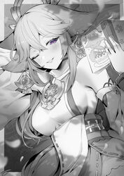  animal_ears blush book breasts commentary earrings female fox_ears genshin_impact highres holding holding_book jewelry long_hair medium_breasts monochrome nontraditional_miko one_eye_closed parted_lips purple_eyes sideboob smile solo sukoyaka93 upper_body yae_miko 