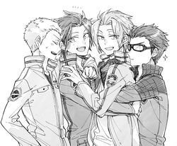  4boys arashiyama_jun arashiyama_squad&#039;s_uniform arm_around_neck boy_sandwich closed_eyes commentary_request emblem from_side greyscale group_hug hand_on_own_hip hug hug_from_behind ikoma_squad&#039;s_uniform ikoma_tatsuhito jacket jin_yuuichi kakizaki_kuniharu kakizaki_squad&#039;s_uniform long_sleeves looking_at_another looking_at_viewer looking_back male_focus monochrome multiple_boys noeru_(putty) outstretched_arm sandwiched short_hair simple_background uniform upper_body white_background world_trigger zipper 