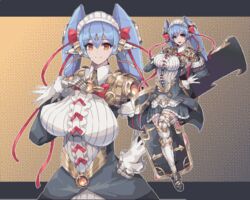  android baketsu blue_hair breasts dress female full_body large_breasts looking_at_viewer maid maid_headdress orange_eyes pixel_art poppi_(xenoblade) poppi_qt_(xenoblade) pose ribbon skirt smile solo sword thighhighs thighs weapon xenoblade_chronicles_(series) xenoblade_chronicles_2 