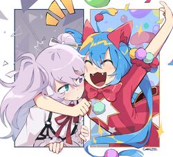  25-ji_miku 25-ji_nightcord_de._(project_sekai) 2girls ^^^ animal_ears aqua_eyes arm_around_neck arm_up artist_name bad_id bad_pixiv_id blue_hair border bow bowtie cat_ears cat_tail chest_harness cleavage_cutout clenched_hand closed_mouth clothing_cutout collared_shirt colorful commentary coral_(coral_l33) dot_nose dress dual_persona english_commentary fangs frilled_sleeves frills gold_trim grey_hair hair_between_eyes hair_ornament hair_ribbon harness hatsune_miku heterochromia laughing light_blush light_particles long_hair long_sleeves looking_at_another looking_to_the_side multiple_girls neck_ribbon nervous open_mouth pom_pom_(clothes) pom_pom_hair_ornament project_sekai purple_eyes rafters red_bow red_bowtie red_dress red_ribbon ribbon serious shirt short_sleeves slit_pupils sparkle split_screen star_cutout striped_clothes striped_dress surprised sweatdrop tail triangle tsurime twintails vertical-striped_clothes vertical-striped_dress very_long_hair vocaloid white_border white_ribbon white_shirt wonderlands_x_showtime_(project_sekai) wonderlands_x_showtime_miku 