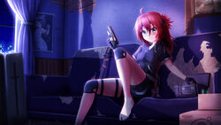  barefoot black_headband black_shirt black_shorts blush box breasts brick_wall cardboard_box closed_mouth commentary commission couch curtains drawstring english_commentary feet_out_of_frame female grey_eyes gun headband highres holding holding_gun holding_weapon indoors katana knee_pads knee_up long_hair looking_at_viewer night on_couch original prophosphere red_hair sheath sheathed shirt short_shorts short_sleeves shorts sitting small_breasts smile solo sword weapon window 