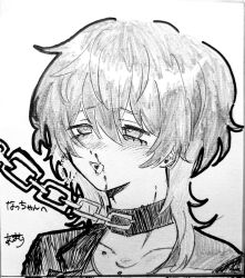  1boy :d amakasaobake_0 animal_collar aroused_nosebleed blood blush chain_leash chains collar collarbone_piercing commentary_request earrings esse_series greyscale highres hitani_(esse_series) jewelry lapels leash male_focus masochism medium_hair monochrome nosebleed portrait single_off_shoulder smile solo tareme traditional_media 