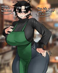  ahoge akira_(akira404040) apron black_eyes black_hair black_sweater blurry blurry_background breast_suppress breasts cafe commentary covered_navel cowboy_shot curvy english_commentary english_text female gauze gauze_on_cheek green_apron hand_on_own_chest hand_on_own_hip heart heart_ahoge high-waist_pants highres huge_breasts indoors long_sleeves looking_at_viewer mature_female mole mole_under_mouth motion_lines neru_(akira404040) original pants parted_lips photo_background short_hair smile solo speech_bubble spiked_hair standing sweater thick_thighs thighs tight_clothes turtleneck turtleneck_sweater waitress wide_hips 