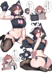  2girls :< :o ^_^ absurdres animal_ear_legwear animal_hands aroused_nosebleed ass bell black_choker black_eyes black_hair black_panties black_thighhighs blood breasts brown_hair cardigan cat_cutout cat_ear_legwear cat_ear_panties cat_lingerie cat_paws cellphone choker cleavage cleavage_cutout closed_eyes clothes_hanger clothing_cutout collared_shirt colored_inner_hair commentary_request cropped_torso earrings fangs feet frilled_bandeau full_body gloves grey_cardigan grin hair_intakes highres holding holding_clothes_hanger holding_phone jewelry jingle_bell jitome long_hair mole mole_under_eye multicolored_hair multiple_girls multiple_moles_under_one_eye multiple_views navel neck_bell no_shoes nosebleed original otonari_yoko panties paw_gloves phone purple_hair purple_sweater red_eyes school_uniform shirt short_hair side-tie_panties simple_background sitting smartphone smile sound_effects speech_bubble sweater taking_picture teeth thighhighs translation_request two_side_up underwear upper_teeth_only warabi_mochi_(w4rabimochi) wariza watadono_airu white_background white_shirt yuri 