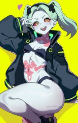 black_bra black_jacket black_panties bra breasts colored_sclera colored_skin commentary cyberpunk:_edgerunners cyberpunk:_edgerunners_1 cyberpunk_(series) cyborg female fingernails full_body green_hair harutoyumaarts headset heart highres jacket leg_tattoo long_hair looking_at_viewer mechanical_eyes nail_polish navel neck_tattoo open_clothes open_jacket open_mouth panties petite pink_tattoo rebecca_(cyberpunk) red_pupils red_sclera samurai_jacket_(cyberpunk) shadow small_breasts smile solo stomach stomach_tattoo tattoo teeth thick_thighs thighs twintails underwear upper_teeth_only v v_over_eye white_skin wide_hips yellow_background 