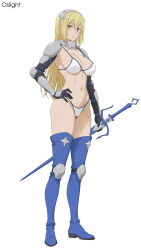  aiz_wallenstein arm_armor armor artist_name bikini black_gloves blonde_hair blue_boots boots breasts closed_mouth commentary couter dungeon_ni_deai_wo_motomeru_no_wa_machigatteiru_darou_ka elbow_gloves female full_body gloves grey_hairband hair_between_eyes hairband hand_on_own_hip highres holding holding_sheath large_breasts long_hair looking_at_viewer metal_hairband navel oslight pauldrons scabbard sheath shoulder_armor sidelocks simple_background solo standing stomach swimsuit sword thigh_boots vambraces weapon white_background white_bikini yellow_eyes 