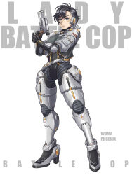  armored_boots black_eyes black_hair boots breasts caylian_curtis_gun_pose character_name closed_mouth commentary copyright_name covered_nipples cyborg female full_body grey_hair gun handgun highres holding holding_gun holding_weapon invisible_floor jinri_shijie lady_battlecop lady_battlecop_(character) large_breasts looking_at_viewer mole mole_under_mouth multicolored_hair puffy_sleeves shirt short_hair simple_background solo standing thigh_gap tight_clothes tight_shirt tokusatsu two-tone_hair weapon white_background 
