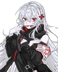  arknights bare_shoulders black_dress blood blood_on_face blood_on_hand breasts cleavage cleavage_cutout clothing_cutout commentary cross dress female fingernails greek_cross grey_hair hair_between_eyes hair_ornament highres long_hair long_sleeves n4jikai nail_polish open_mouth pale_skin pointy_ears red_cross red_eyes red_nails simple_background small_breasts solo upper_body vampire warfarin_(arknights) white_background 