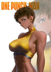  abs absurdres bare_shoulders blue_eyes breasts brown_hair commentary copyright_name cover cover_page dark-skinned_female dark_skin earrings english_commentary female freckles highres jewelry large_breasts looking_at_viewer midriff mole mole_under_mouth muscular muscular_female one-punch_man revision rido9 short_hair sideboob signature simple_background solo star_(symbol) star_earrings suiko_(one-punch_man) white_background zoom_layer 