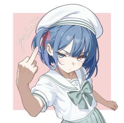  absurdres beret blue_eyes blue_hair border cocked_eyebrow commentary_request female fingernails green_skirt hat heterochromia highres looking_at_viewer middle_finger one_side_up original pleated_skirt red_eyes sailor_collar school_uniform serafuku short_hair short_sleeves simple_background skirt solo white_border white_hat white_sailor_collar yppahnu982 