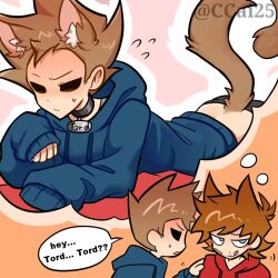  2boys animal_ear_fluff animal_ears animification antenna_hair aroused_nosebleed artist_name bandage_on_cheek blood blue_hoodie blush brown_hair cat_boy cat_ears cat_tail ccai25 chinese_commentary collar commentary_request drawstring eddsworld english_text extra_ears flipped_hair flying_sweatdrops grey_eyes hair_behind_ear hair_ears hand_on_another's_shoulder hollow_eyes hood hood_down hoodie implied_yaoi jitome kemonomimi_mode licking_lips long_sleeves male_focus multiple_boys name_tag nosebleed open_mouth pants paw_pose pervert red_hoodie shaking short_hair smile speech_bubble spiked_hair sweat tail thick_lineart thought_bubble tom_(eddsworld) tongue tongue_out tord_(eddsworld) 