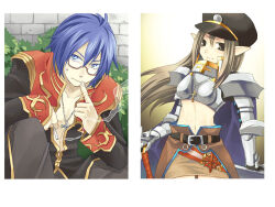  1boy armor belt black_coat black_eyes black_hat blue_cape blue_eyes blue_hair boobplate brown_hair brown_skirt cape cigarette closed_mouth coat commentary_request cowboy_shot cross cross_necklace female finger_to_mouth gauntlets glasses gold_trim hat holding holding_cigarette jewelry long_hair long_sleeves looking_at_viewer midori126 midriff multicolored_coat navel necklace paladin_(ragnarok_online) pauldrons peaked_cap pointy_ears priest_(ragnarok_online) ragnarok_online red-framed_eyewear red_belt red_coat semi-rimless_eyewear short_hair shoulder_armor shushing skirt smile smoking two-tone_coat under-rim_eyewear 