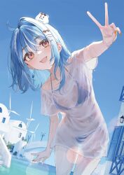  :d ahoge bikini bikini_under_clothes blue_bikini blue_hair blue_sky bridge commentary dutch_angle english_commentary female fingernails hair_ornament hairclip heart heart_hair_ornament highres horizon house lamppost leaning_forward leaning_to_the_side long_hair long_shirt looking_up multicolored_hair nail_polish nakashima_(pluscolor) ocean open_mouth open_window_shutter orange_nails outdoors red_eyes santorini_(greece) shiranami_ramune shiratama_(shiranami_ramune) shirt sky smile solo stairs streaked_hair summer swimsuit t-shirt thick_eyebrows thighs v virtual_youtuber vspo! water wave_hair_ornament wet wet_clothes wet_shirt white_shirt wind_turbine window window_shutter 