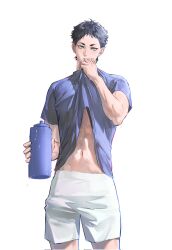  1boy 5454_pnl akaashi_keiji black_hair black_shirt bottle commentary_request haikyuu!! highres korean_commentary looking_at_viewer male_focus shirt short_hair shorts simple_background solo standing straight-on t-shirt water_bottle white_background white_shorts 