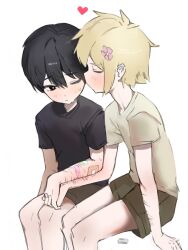  2boys alternate_costume antenna_hair bandaid bandaid_on_arm basil_(faraway)_(omori) basil_(omori) black_eyes black_hair black_shirt blonde_hair blush bright_pupils brown_shorts closed_eyes closed_mouth commentary double-parted_bangs english_commentary flower hair_between_eyes hair_flower hair_ornament highres invisible_floor kissing kissing_cheek looking_at_another male_focus multiple_boys omore47858045 omori one_eye_closed scar self-harm_scar shirt short_sleeves shorts sidelocks sitting sunny_(omori) sweat t-shirt white_pupils yaoi 