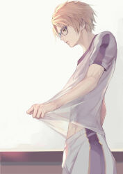  1boy blonde_hair clothes_lift clothes_pull commentary_request cowboy_shot dripping ensemble_stars! from_side gin_(oyoyo) glasses green_eyes gym_uniform indoors lifting_own_clothes looking_down male_focus parted_lips profile see-through_clothes shirt shirt_lift shirt_pull short_hair short_sleeves shorts solo standing sweat sweatdrop t-shirt toned toned_male white_shirt white_shorts yuuki_makoto_(ensemble_stars!) 