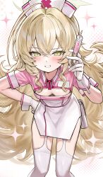  absurdres alternate_costume blonde_hair blue_archive blush breasts cleavage_cutout clothing_cutout cross female fluffy_hair gloves green_eyes grin hair_intakes halo hand_on_own_hip hat highres holding holding_syringe layer_(shinobu) leaning_forward long_hair looking_at_viewer nurse nurse_cap professor_niyaniya_(blue_archive) red_cross short_sleeves side_ahoge small_breasts smile solo sparkle syringe thighhighs very_long_hair white_gloves white_thighhighs yellow_halo 