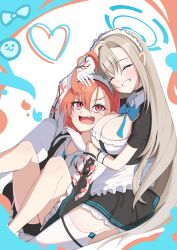  2girls absurdres age_difference ahoge apron asuna_(blue_archive) between_breasts black_dress blonde_hair blue_archive blue_bow blue_bowtie blue_eyes blue_halo blush bow bowtie breast_pillow breasts cleaning_&amp;_clearing_(blue_archive) cleavage cuddling detached_collar dress frilled_apron frills gloves grin hair_between_eyes hair_over_one_eye halo head_between_breasts head_on_chest highres hug huge_ahoge jacket large_breasts long_hair maid maid_apron maid_headdress mole mole_under_eye multiple_girls neru_(blue_archive) oerba_yun_fang onee-loli open_mouth orange_hair plasticboy47174 print_jacket red_eyes ribbon short_hair small_breasts smile thighhighs waist_apron white_apron white_thighhighs yuri 
