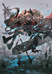  :d absurdres angelina_(arknights) angelina_(distinguished_visitor)_(arknights) animal_ears arknights aura belt black_gloves black_leotard black_thighhighs boots brown_hair city coat commentary female fox_ears full_body gloves hairband highres infection_monitor_(arknights) leotard long_hair long_sleeves looking_at_viewer official_alternate_costume open_clothes open_coat open_mouth red_eyes red_hairband smile sola0316 solo staff thigh_strap thighhighs thighs twintails very_long_hair white_belt 