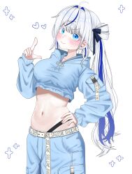  absurdres ahoge aokumo_rin belt belt_buckle black_ribbon blue_eyes blue_hoodie blue_pants blue_streaks blush breasts buckle closed_mouth clothes_writing cloud_hair_ornament commentary_request copyright_name cowboy_shot crop_top cropped_hoodie female grey_hair hair_intakes hair_ornament hair_ribbon hand_on_own_hip hand_up highres hood hood_down hoodie korean_commentary l_hand long_hair looking_at_viewer multicolored_hair navel pants ribbon ribo_(rribbo) side_ponytail simple_background smile solo standing stellive stomach streaked_hair v-shaped_eyebrows virtual_youtuber white_background white_belt 