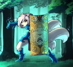  arctic_fox armor canid canine clothing elemental_manipulation female feretta forest fox fur gauntlets gloves hair handwear heterochromia hi_res ice_manipulation looking_at_viewer magic mammal multi_tail orange_eyes plant purple_eyes purple_hair rey_(reaperonico) shield tail tower_shield tree true_fox white_body white_fur 