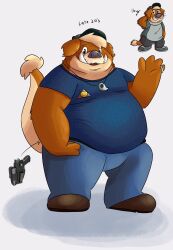  2024 4_fingers aged_up anthro belly big_belly bottomwear brok_the_investigator chubbymeel clothing cowcat_games fingers hat headgear headwear hi_res hybrid male mammal mustelid ott_(brok_the_investigator) otter overweight overweight_male pants shirt solo suid suina topwear tusks warthog 