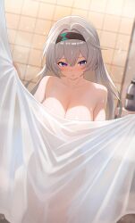  :t absurdres bathroom black_hairband blush breasts closed_mouth collarbone completely_nude covering_body dutch_angle female film_grain firefly_(honkai:_star_rail) grey_hair hair_between_eyes hairband highres honkai:_star_rail honkai_(series) indoors large_breasts long_hair looking_at_viewer melreon nude purple_eyes shower_curtain solo wet 