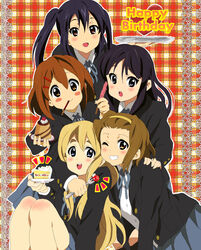  5girls akiyama_mio black_eyes black_hair blonde_hair brown_eyes brown_hair cake commentary_request food hairband happy_birthday highres hirasawa_yui k-on! kotobuki_tsumugi long_hair mikiky multiple_girls nakano_azusa pocky pudding sakuragaoka_high_school_uniform school_uniform short_hair tainaka_ritsu twintails 