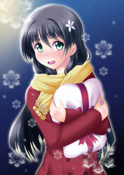  black_hair coat commentary_request female flower gift green_eyes hair_flower hair_ornament highres long_hair nekoya_kazuya photoshop_(medium) saten_ruiko scarf snowflakes toaru_kagaku_no_railgun toaru_majutsu_no_index 