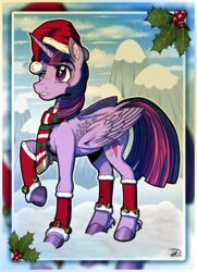  2015 absurd_res alicorn bell christmas christmas_clothing christmas_headwear clothing cutie_mark equid equine feathered_wings feathers female feral footwear friendship_is_magic gray-day hasbro hat headgear headwear hi_res holidays horn legwear mammal my_little_pony mythological_creature mythological_equine mythology purple_body purple_feathers santa_hat scarf socks solo twilight_sparkle_(mlp) wings 