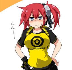  aiba_ami backpack bag black_gloves black_skirt blue_eyes blush breasts closed_mouth commentary_request digimon digimon_story:_cyber_sleuth female frown gloves goggles goggles_on_head hair_between_eyes hair_ornament hands_on_own_hips looking_at_viewer lowres medium_breasts n36hoko nose_blush print_shirt raglan_sleeves red_hair shirt side_ponytail single_glove skirt solo t-shirt target upper_body wavy_mouth yellow_shirt 