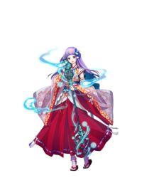  colored_eyelashes detached_sleeves female full_body hair_ornament highres holding holding_staff long_hair magic miemia official_art open_mouth purple_eyes purple_hair ribbon_trim royal_flush_heroes sandals solo staff transparent_background wide_sleeves 