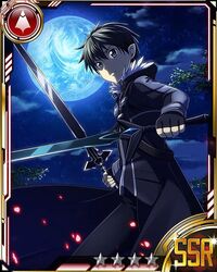  1boy bad_source black_eyes black_gloves black_hair blue_long_sword card_(medium) dual_wielding fingerless_gloves gloves holding holding_sword holding_weapon kirito kirito_(sao-alo) long_sword_(sao) looking_at_viewer male_focus moon night official_art outdoors pointy_ears solo spiked_hair sword sword_art_online sword_art_online:_code_register weapon 