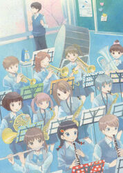  3boys 6+girls alto_saxophone bad_id bad_pixiv_id bass_drum blue_theme chalkboard clarinet classroom drum euphonium flute french_horn indoors instrument mallet_(instrument) metronome multiple_boys multiple_girls music music_stand musical_note nori_(skno26) oboe original playing_instrument saxophone school_uniform sheet_music tenor_saxophone trombone trumpet window 