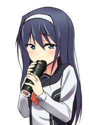  bad_id bad_pixiv_id blue_eyes blue_hair commentary_request ehoumaki female food futaba_aoi_(vividred_operation) hairband kuroneko_shiro long_hair makizushi national_shin_ooshima_school_uniform school_uniform setsubun simple_background solo sushi vividred_operation white_background 