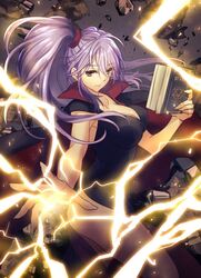  ass bad_id bad_twitter_id book breasts brown_eyes cape cleavage collar collarbone female fire_emblem fire_emblem:_genealogy_of_the_holy_war holding holding_book ishtar_(fire_emblem) large_breasts light_purple_hair lightning lips long_hair magic minamibe outstretched_arm rock rubble serious side_ponytail sidelocks solo thighs 