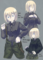  blonde_hair blue_eyes colored_eyelashes commentary dressing english_text erica_(naze1940) female german_text highres leyna_koch military military_uniform multiple_views original short_hair sweater uniform world_war_ii 