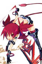  ass bat_wings belt bent_over butt_crack commentary_request demon_girl demon_tail disgaea disgaea_d2 elder_spear etna_(disgaea) female gloves highres miniskirt miyakawa106 pointy_ears polearm red_eyes red_hair skirt solo spear tail thighhighs tongue tongue_out twintails weapon wings 