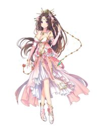  boots bracelet breasts bridal_gauntlets brown_hair cleavage crossed_legs dress female flower full_body hair_ornament high_ponytail highres holding holding_weapon jewelry large_breasts long_hair looking_at_viewer miemia navel official_art pink_dress pink_footwear purple_eyes red_flower red_rose rose royal_flush_heroes shunmei smile solo transparent_background very_long_hair weapon whip 