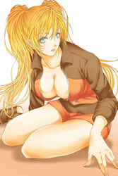  blonde_hair blue_eyes breasts cleavage commentary_request facial_mark female genderswap_(mtf) large_breasts long_hair naruko_(naruto) naruto naruto_(series) rule_63 sexy_no_jutsu solo twintails uzumaki_naruto whisker_markings yukino_(0722) 