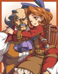  1boy ahoge backpack bad_id bag belt blush border brown_border brown_eyes brown_hair carol_anderson carrying closed_eyes collar dress elvis_(wild_arms) facial_hair father_and_daughter fatherly female formal frown grey_facial_hair grey_hair hair_ribbon hug moustache no~ma one_eye_closed open_mouth outside_border red_dress ribbon short_hair simple_background smile wild_arms wild_arms_5 