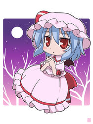  bat_wings blue_hair chibi dress female female flying hat hatomugisan looking_at_viewer moon night outdoors pink_dress red_eyes remilia_scarlet short_hair solo star touhou tree vampire wings 