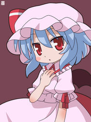  bat_wings blue_hair blush dress female female hand_on_chest hand_on_own_chest hat hatomugisan looking_at_viewer pink_dress red_eyes remilia_scarlet short_hair simple_background solo standing touhou vampire wings 