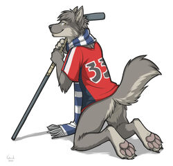  anthro ass avoid_posting black_nose brown_eyes canid canine canis claws fur grey_body grey_claws grey_fur grey_hair hair ice_hockey keihound male mammal pawpads paws scarf simple_background smile solo white_background wolf 