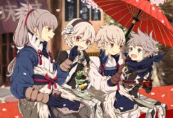  3boys anmitsu_(dessert) aomeeso armor blue_gloves blush cherry_blossoms cup family feeding female female_my_unit_(fire_emblem_if) fire_emblem fire_emblem_if flower food food_on_face gloves grey_hair hair_flower hair_ornament hairband kanna_(fire_emblem_if) kisaragi_(fire_emblem_if) long_hair looking_down multiple_boys my_unit_(fire_emblem_if) open_mouth oriental_umbrella parfait petals pointy_ears ponytail red_eyes scarf short_hair takumi_(fire_emblem_if) teacup umbrella wagashi yunomi 