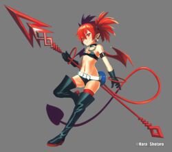  bare_shoulders black_gloves boots bracelet choker commentary_request demon_girl demon_tail disgaea disgaea_d2 earrings elder_spear etna_(disgaea) female flat_chest full_body gloves hara_shoutarou holding holding_polearm holding_weapon jewelry long_hair looking_at_viewer pointy_ears polearm polearm_behind_back red_eyes red_hair red_thighhighs red_wings short_shorts shorts simple_background smile solo spear tail thigh_boots thighhighs twintails very_long_hair weapon wings 