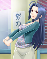  blazer blouse blue_hair breasts cleavage commentary_request cowboy_shot female idolmaster idolmaster_(classic) jacket large_breasts long_hair miura_azusa muhi11234 red_eyes shirt solo stretching 