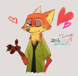  2016 4_fingers anthro brown_body brown_fur canid canine claws clothed clothing disney fingers fox front_view fur gloves_(marking) green_eyes heart_symbol looking_at_viewer m-2-2-2 male mammal markings necktie nick_wilde one_eye_closed orange_body orange_fur red_fox shirt smile solo toony topwear true_fox wink zootopia 