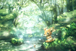  1boy animal_crossing animal_ears artist_name beau_(animal_crossing) commentary_request deer deer_ears deer_tail fishing_rod furry furry_male highres leaf male_focus mituki outdoors river sitting solo tail tareme tree water 