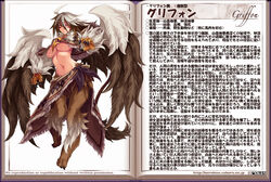  &gt;:( ahoge animal_hands book breasts brown_hair capelet character_name character_profile claws digitigrade facial_mark feathered_wings female frown full_body fur griffin griffon_(monster_girl_encyclopedia) harpy kenkou_cross large_breasts looking_at_viewer monster_girl monster_girl_encyclopedia multicolored_hair navel official_art open_book serious solo stomach tail text_focus translated two-tone_hair underboob v-shaped_eyebrows waist_cape watermark web_address white_hair wings 